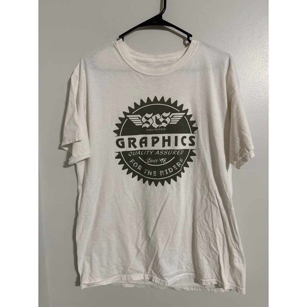 SCS Unlimited Graphics For The Riders White Graphic T-Shirt Mens Large L Cotton